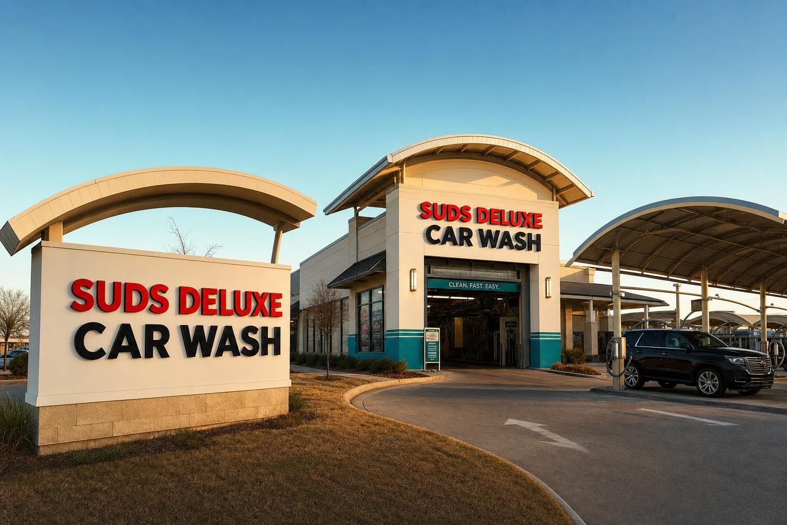 Suds Deluxe car wash storefront and signage at golden hour